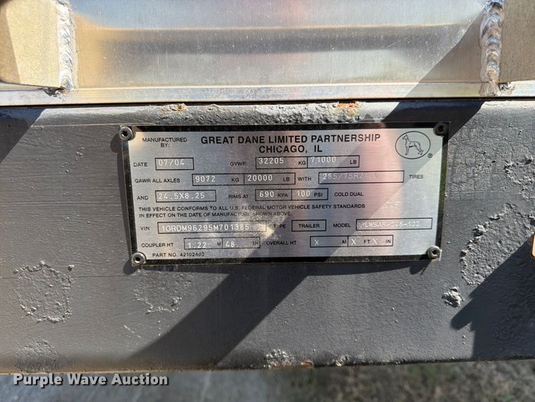 image for item FK0167 2005 Great Dane Trailers GPLWSAR-248-103 side curtain trailer
