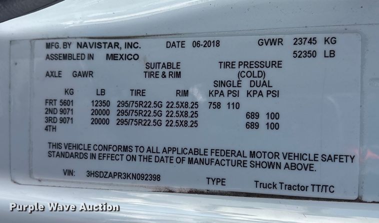 image for item YA1668 2019 International LT625 semi truck