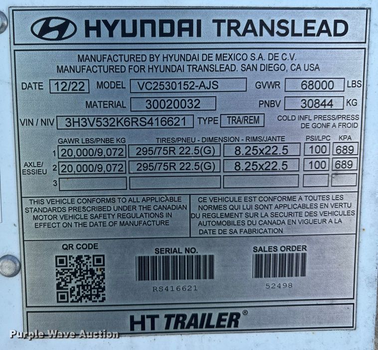 image for item YA2501 2024 Hyundai Translead VC2530152-AJS dry van trailer