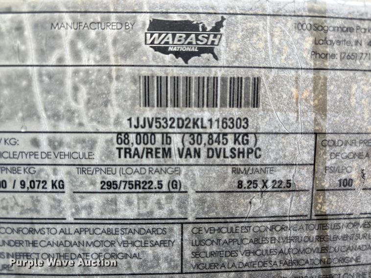 image for item YA3270 2019 Wabash DVLSHPC dry van trailer