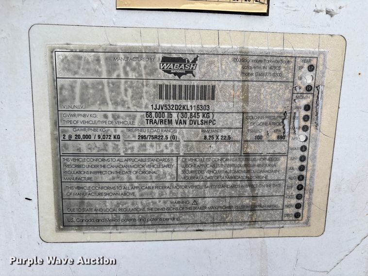 image for item YA3270 2019 Wabash DVLSHPC dry van trailer