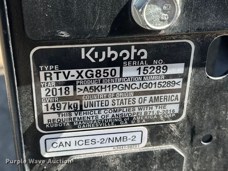 image for item DQ7753 2018 Kubota RTV-XG850 utility vehicle