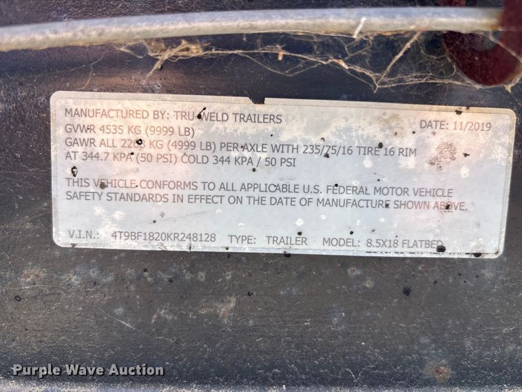 image for item DW1300 2019 Tru-Weld tilt deck equipment trailer