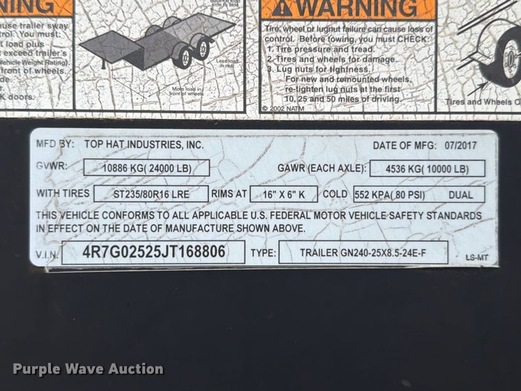 image for item ED5223 2018 Top Hat GN240-25X8.5-24E-F flatbed trailer