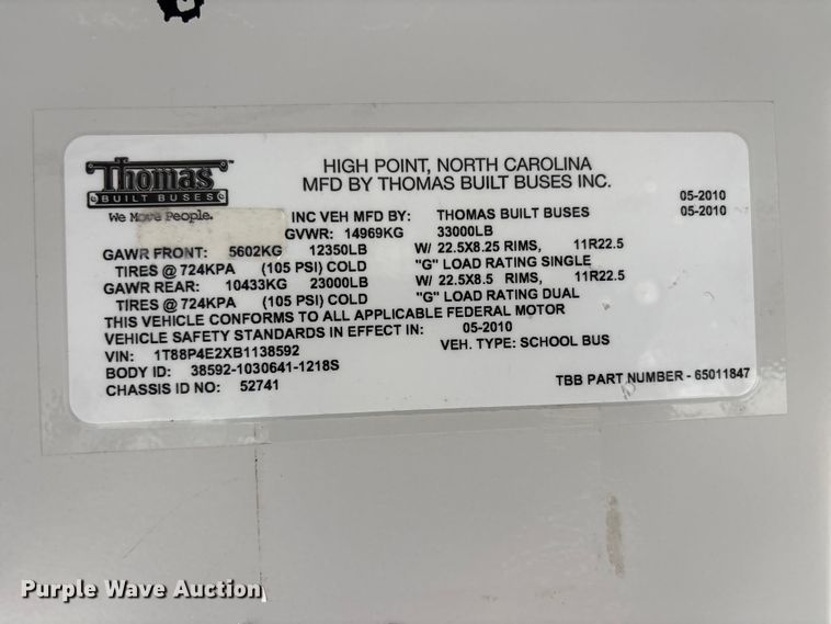 image for item EG9087 2011 Thomas Built MVP-EF school bus