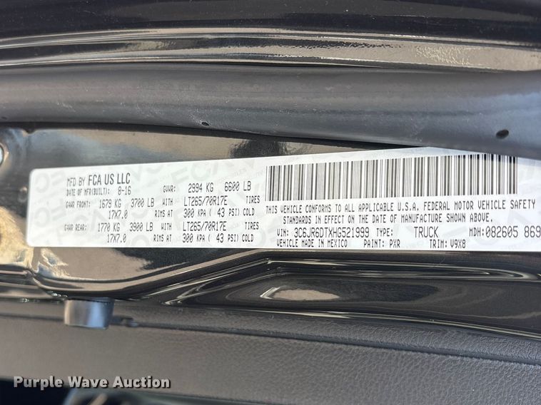 image for item ET2089 2017 RAM 1500 pickup truck