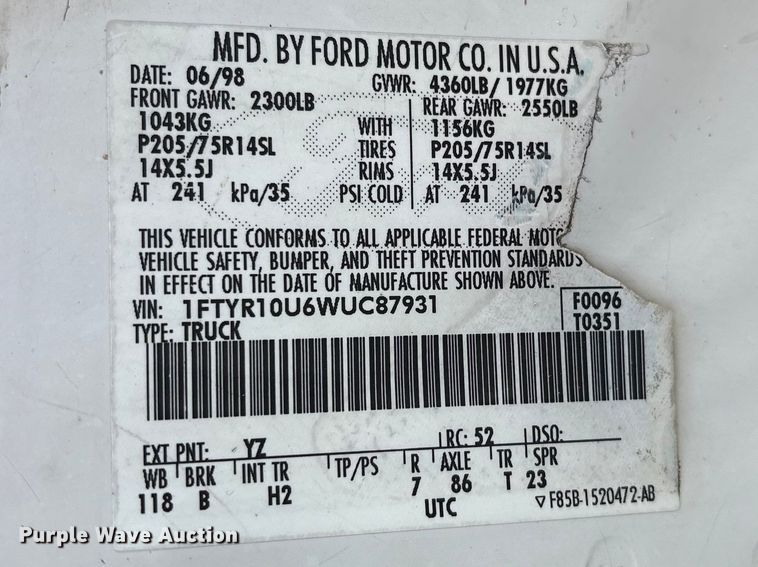 image for item ET2095 1998 Ford Ranger utility bed pickup truck