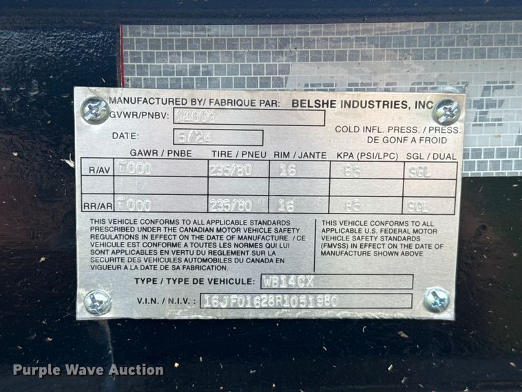 image for item ET6169 2024 Belshe WB14CX equipment trailer