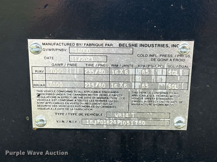 image for item ET6170 2023 Belshe WB14 equipment trailer
