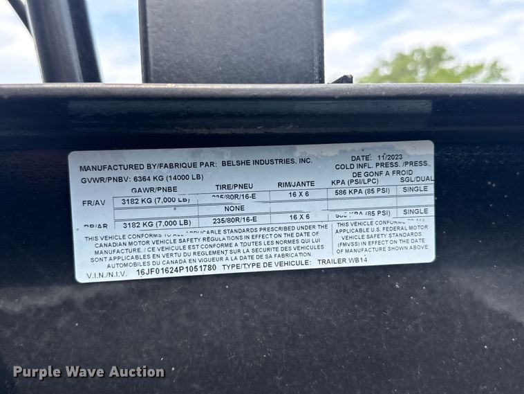 image for item ET6170 2023 Belshe WB14 equipment trailer