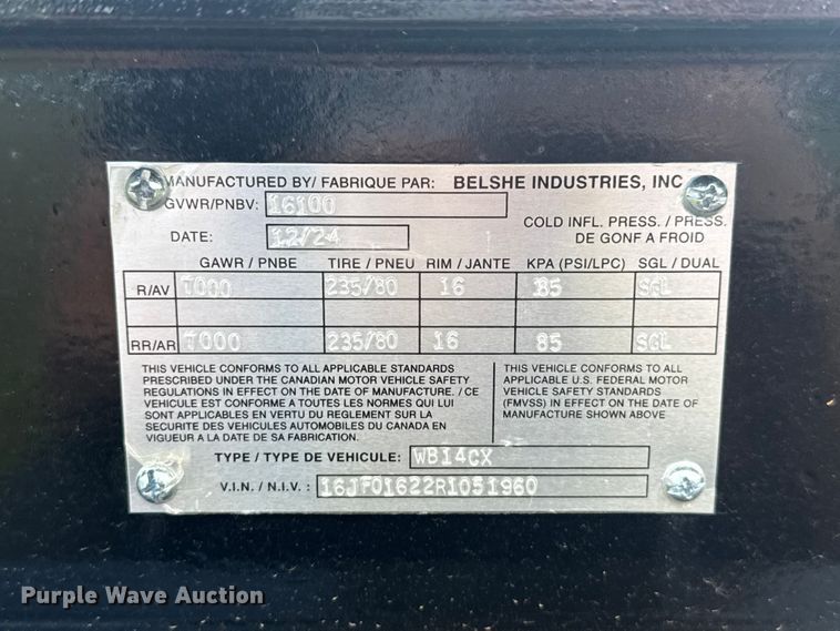 image for item ET6173 2024 Belshe WB14CX equipment trailer