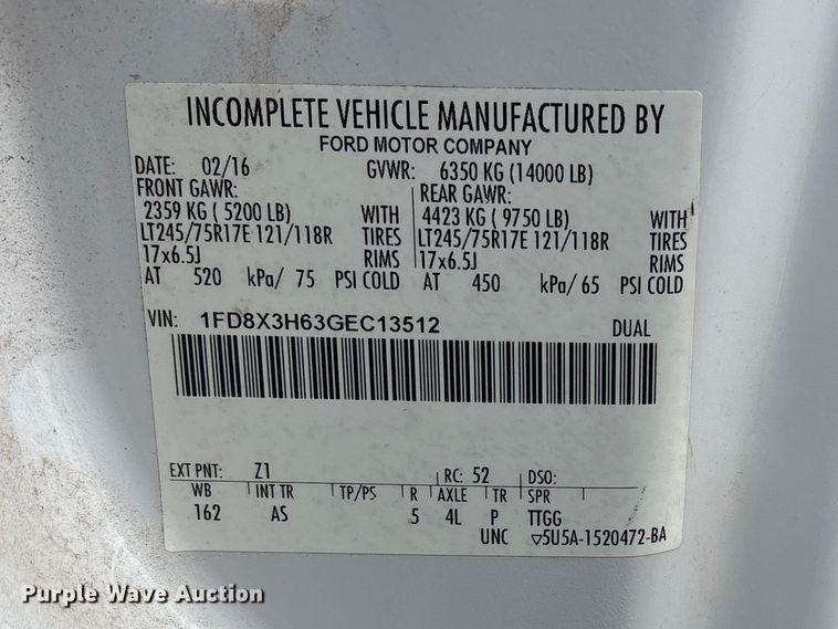 image for item EW0069 2016 Ford F-350 Ext. Cab pickup truck cab and chassis