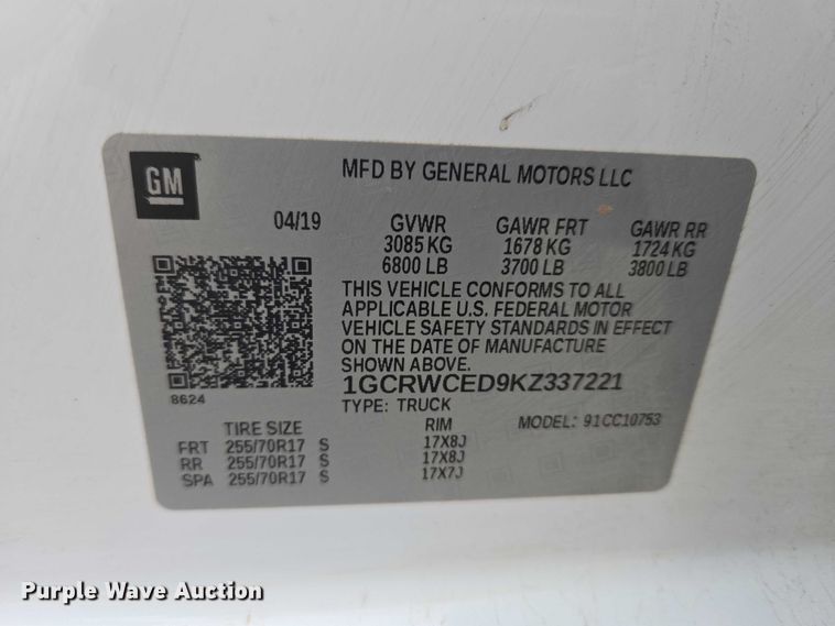 image for item EW0088 2019 Chevrolet Silverado 1500 Crew Cab pickup truck