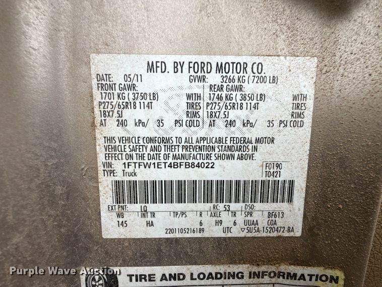 image for item FB6497 2011 Ford F150 Crew Cab pickup truck