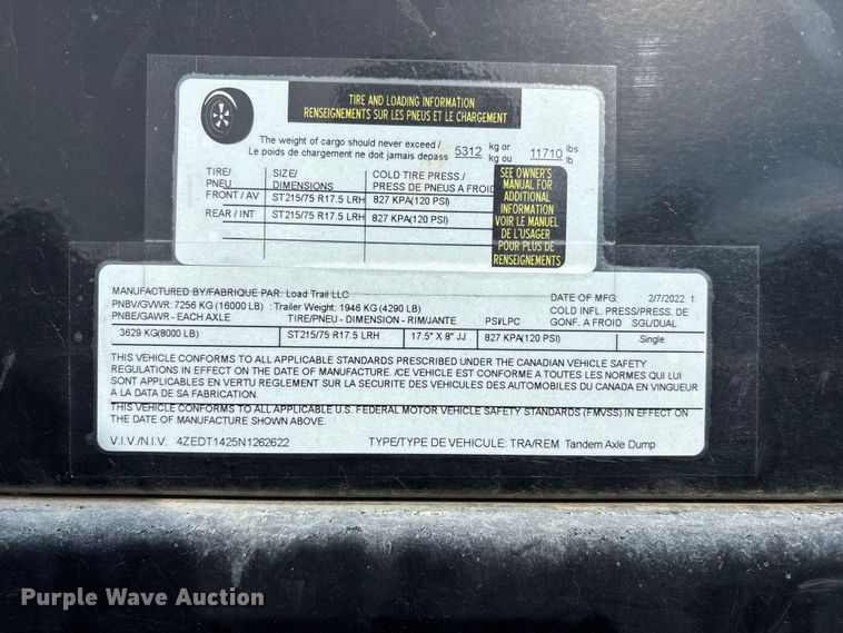image for item FC4664 2022 Load trail dump trailer