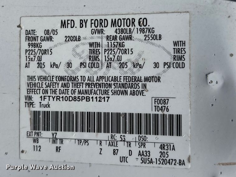 image for item FG0362 2005 Ford Ranger pickup truck