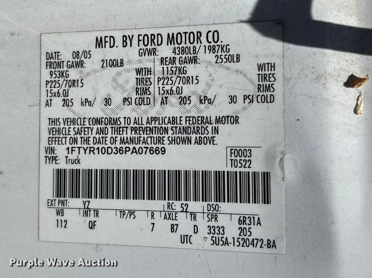 image for item FG0367 2006 Ford Ranger pickup truck