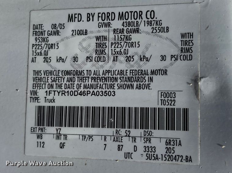 image for item FG0370 2006 Ford Ranger pickup truck