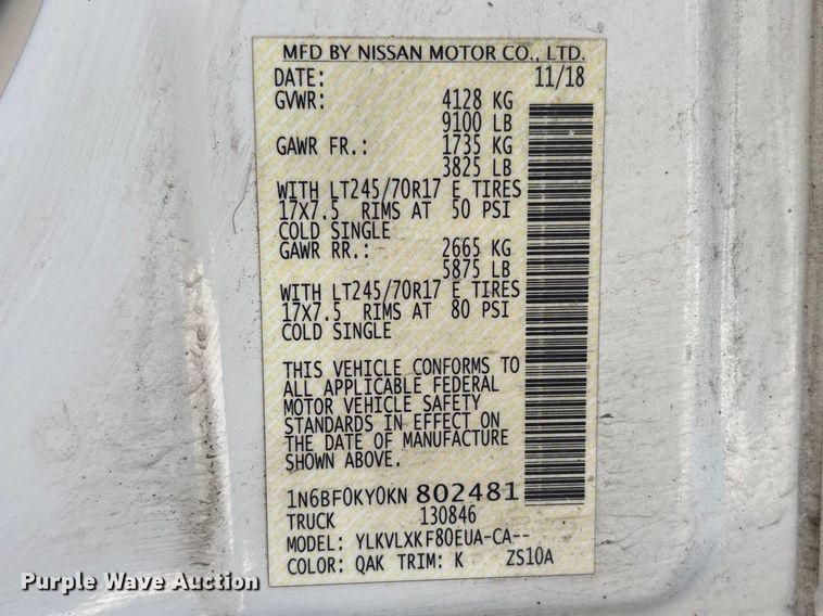 image for item FI0181 2019 Nissan NV2500 van