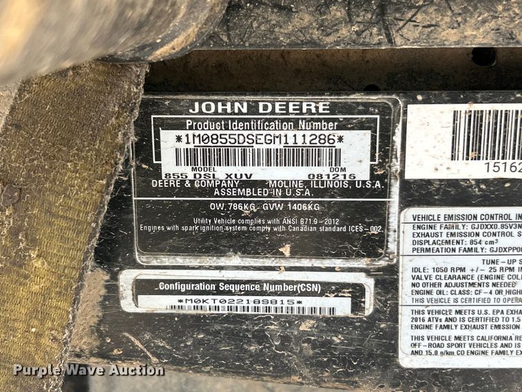 image for item YA3630 2016 John Deere Gator 855D XUV utility vehicle