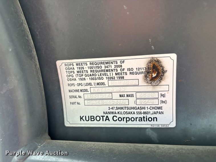 image for item DV4377 2018 Kubota KX71-3 mini excavator