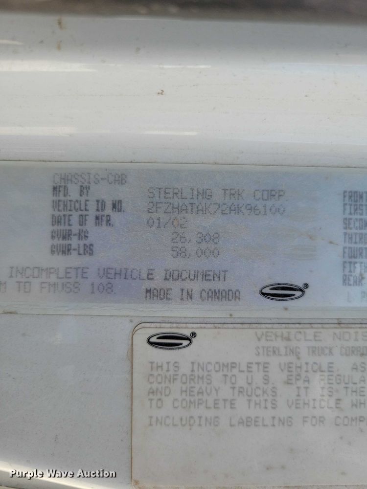 image for item DZ7126 2002 Sterling sewer jetter truck