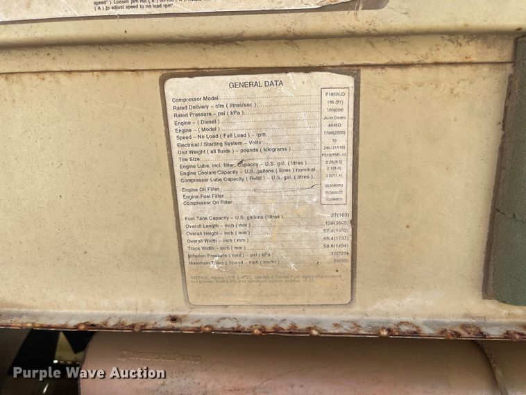 image for item EA4921 1997 Ingersoll Rand P185WJD air compressor