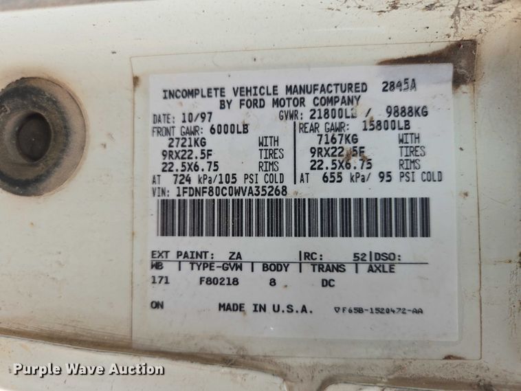image for item EB1459 1998 Ford F800 dump flatbed truck