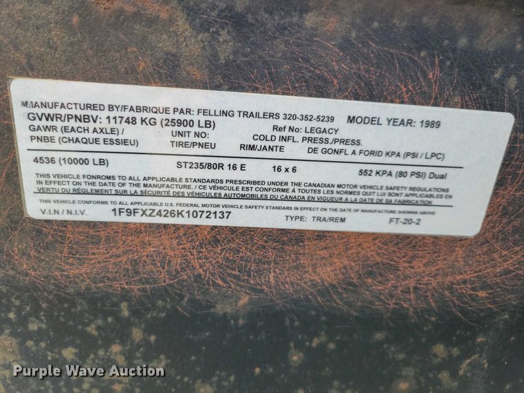 image for item EE0929 1989 Felling FT-20 equipment trailer