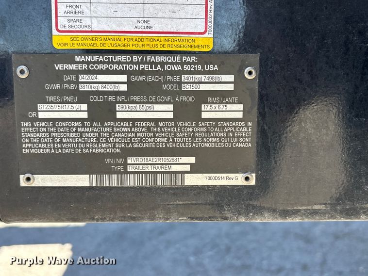 image for item EQ7049 2024 Vermeer BC1500 wood chipper