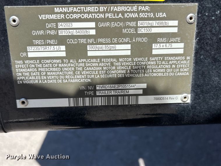 image for item EQ7050 2023 Vermeer BC1500 wood chipper