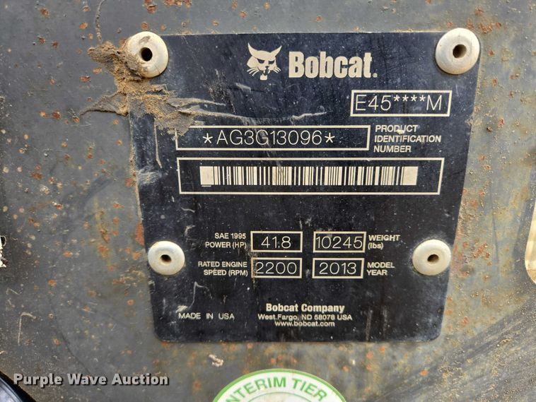 image for item ER1527 2013 Bobcat E45 mini excavator