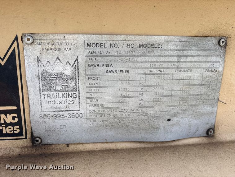image for item ET2094 1992 Trail King TK100HD3-483 lowboy equipment trailer