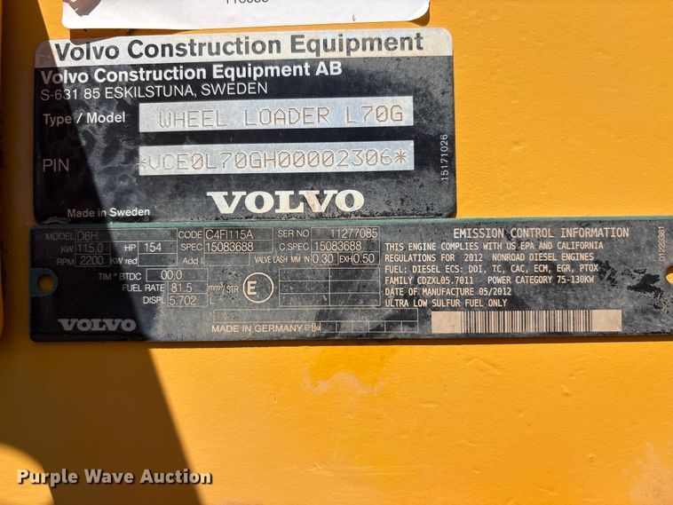 image for item EU5593 2012 Volvo L70G wheel loader