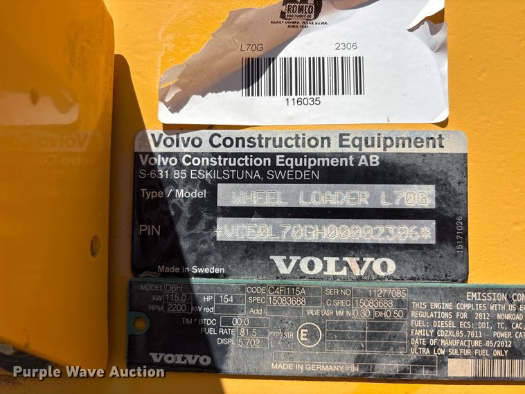 image for item EU5593 2012 Volvo L70G wheel loader