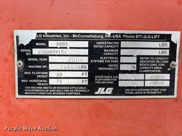 image for item FK1493 2006 JLG 800S boom lift