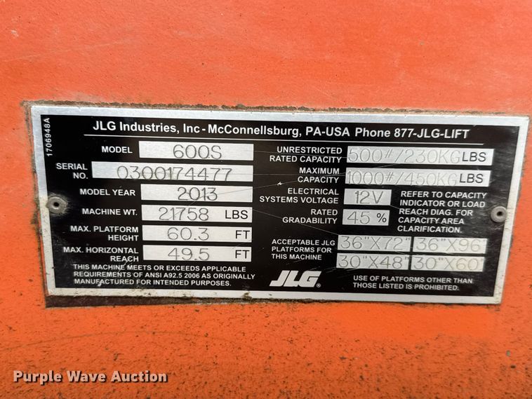 image for item NA9357 2013 JLG 600S boom lift