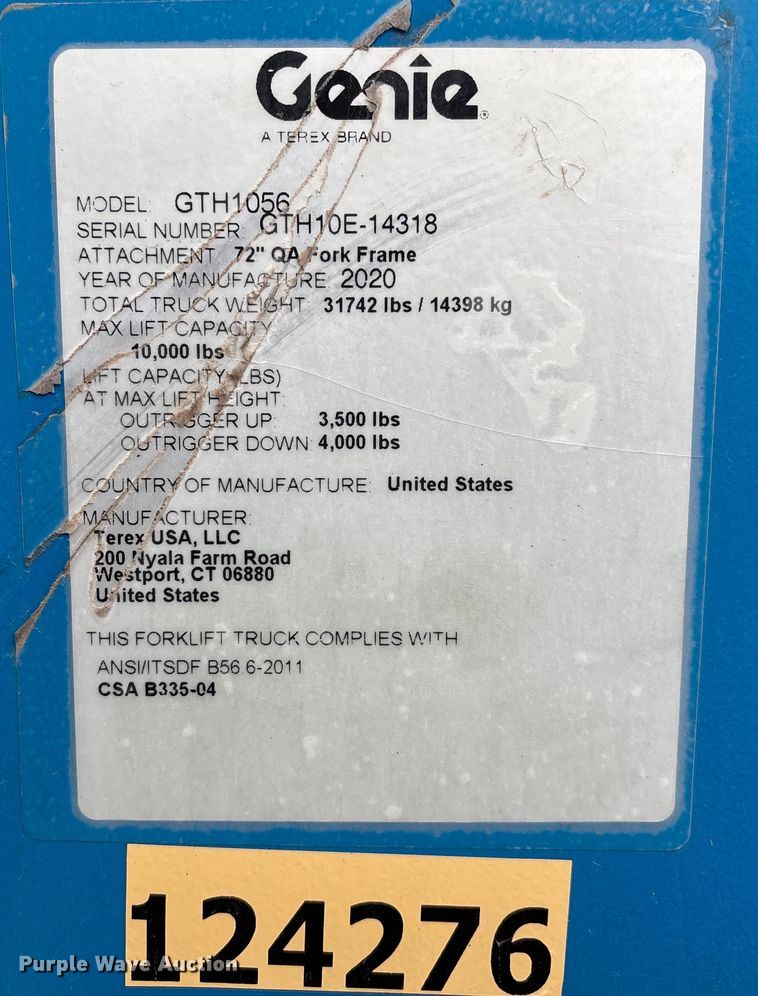 image for item YA1427 2020 Genie GTH-1056 telehandler