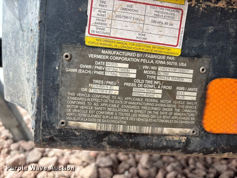 image for item YA3520 2015 Vermeer BC1500 wood chipper