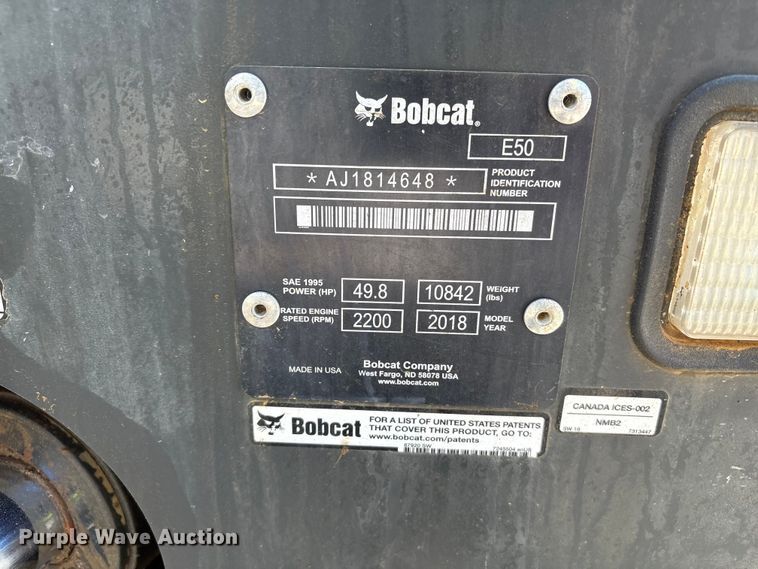 image for item YA3526 2018 Bobcat E50 mini excavator