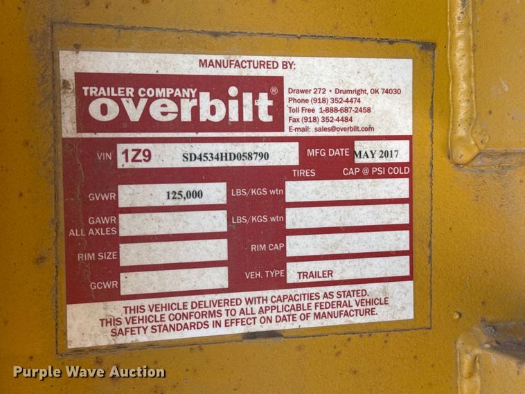 image for item GP9657 2017 Overbilt drop deck equipment trailer