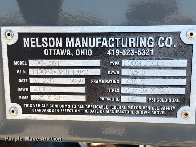 image for item GP9668 2017 Nelson Mfg Co CBC-20ST crane boom dolly