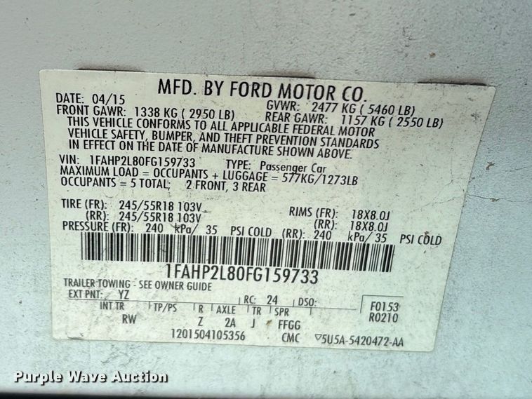 image for item DU6258 2015 Ford Taurus Police Interceptor 