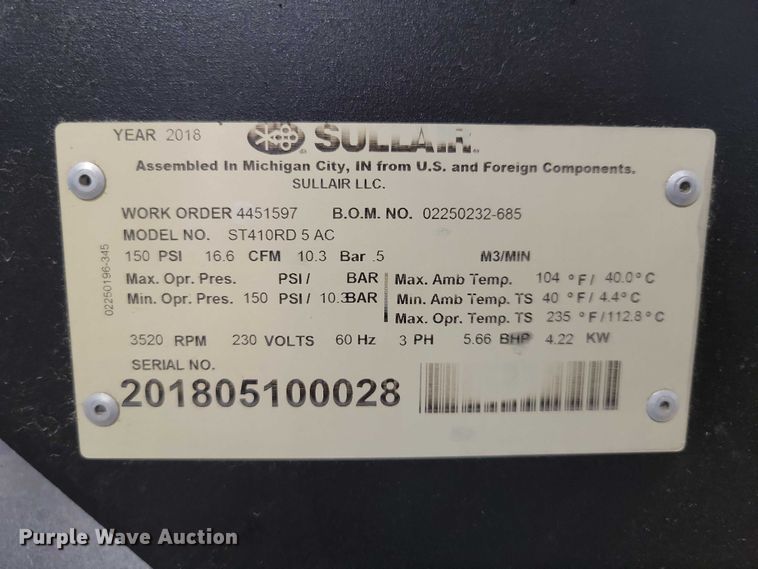 image for item DZ7136 2018 Sullair ST410RD air compressor