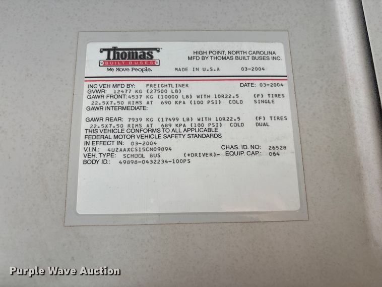 image for item EF1200 2005 Thomas Built FS 65 Chassis school bus