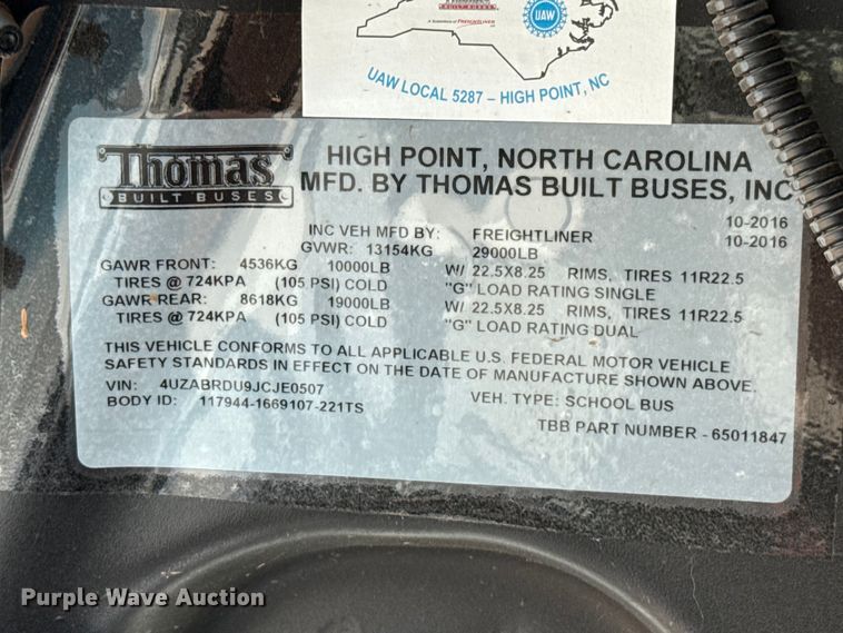 image for item ET6213 2018 Freightliner B2 school bus