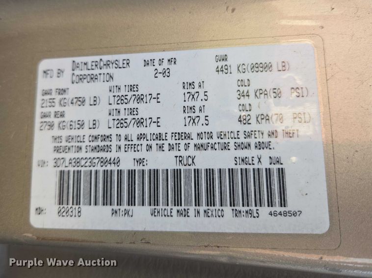 image for item EW0157 2003 Dodge Ram 3500 Ext. Cab pickup truck