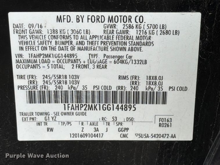 image for item EX4505 2016 Ford Taurus Police Interceptor 