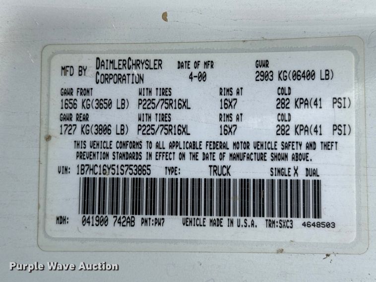image for item FB6650 2001 Dodge Ram 1500 pickup truck