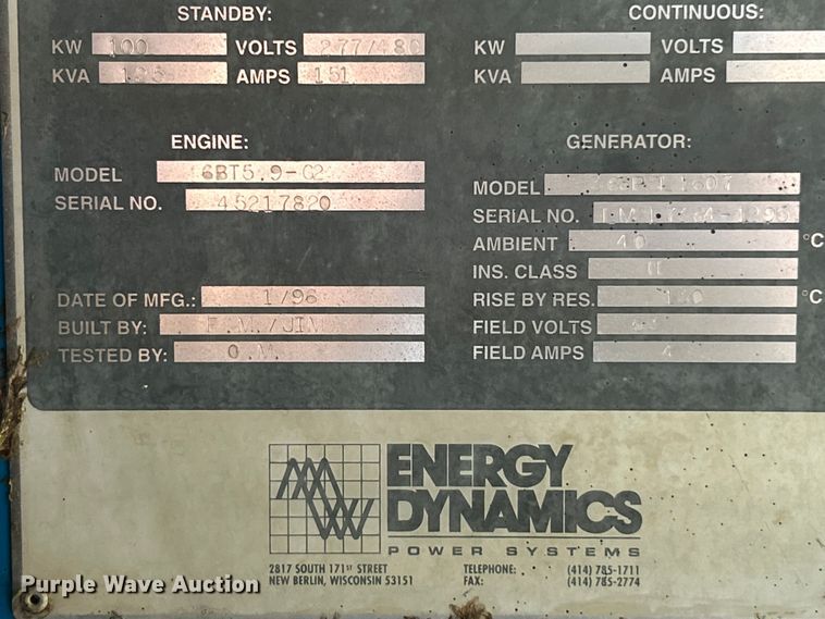 image for item FC2647 1996 Energy Dynamics 363PSL1607 generator